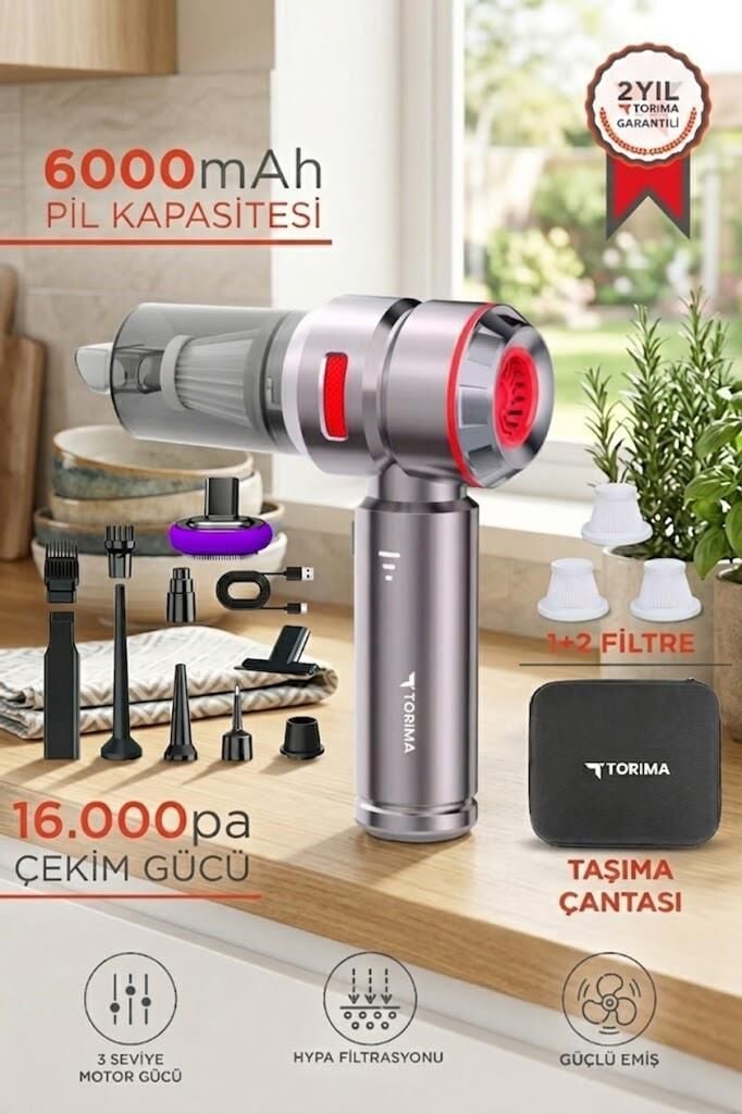 Torima Araç İçi Süpürge 4IN1 17000PA Emiş Güçlü Üflemeli Şarjlı Mini Araba El Süpürgesi HL121 Kırmızı