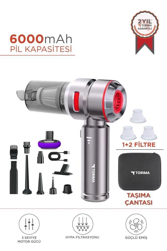 HL-121 Kırmızı Üflemeli Şarjlı Araç Mini EL Süpürgesi 16.000PA Emiş Güçlü 4İN1 Araba Süpürgesi