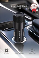 Araç Şarj Aleti Soketi Tüm Araçlarla Uyumlu Çift USB Araba Çakmaklık C3 Siyah