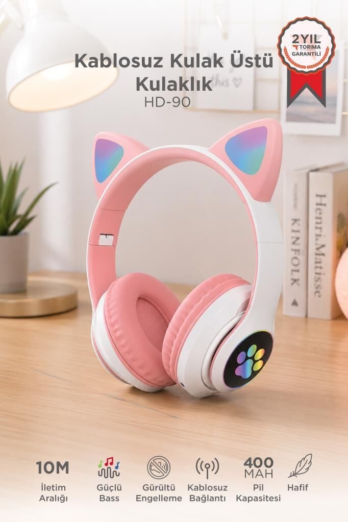 Bluetooth Kulaklık Kulak Üstü Kedi Tasarımlı Kablosuz Kulaklık HD90 Pembe
