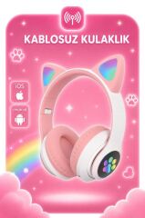 Bluetooth Kulaklık Kulak Üstü Kedi Tasarımlı Kablosuz Kulaklık HD90 Pembe