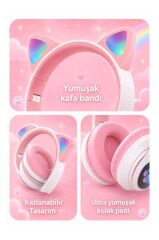 Bluetooth Kulaklık Kulak Üstü Kedi Tasarımlı Kablosuz Kulaklık HD90 Pembe