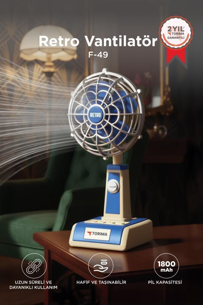 Vantilatör Retro Tasarımlı Masaüstü Mini USB Şarjlı Fan F49 Mavi
