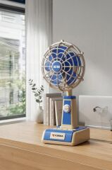 Vantilatör Retro Tasarımlı Masaüstü Mini USB Şarjlı Fan F49 Mavi