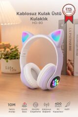 Bluetooth Kulaklık Kulak Üstü Kedi Tasarımlı Kablosuz Kulaklık HD90 Mor