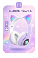 Bluetooth Kulaklık Kulak Üstü Kedi Tasarımlı Kablosuz Kulaklık HD90 Mor
