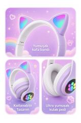 Bluetooth Kulaklık Kulak Üstü Kedi Tasarımlı Kablosuz Kulaklık HD90 Mor