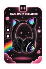 Bluetooth Kulaklık Kulak Üstü Kedi Tasarımlı Kablosuz Kulaklık HD90 Siyah