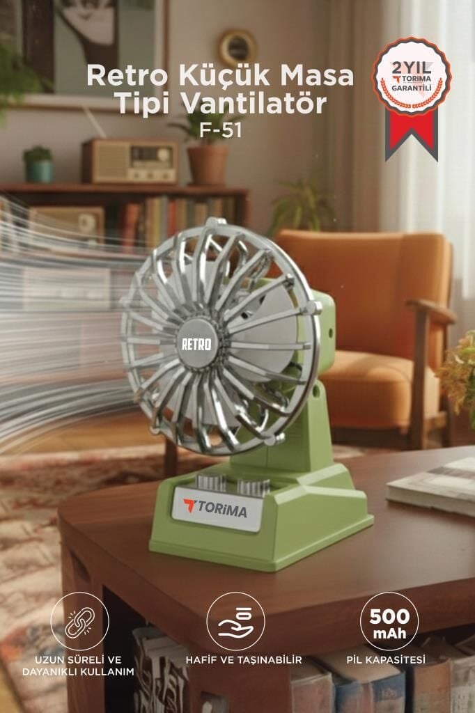 Şarjlı Masaüstü Vantilatör Retro Tasarım 500 Mah Taşınabilir Mini Masa Fanı F51 Yeşil