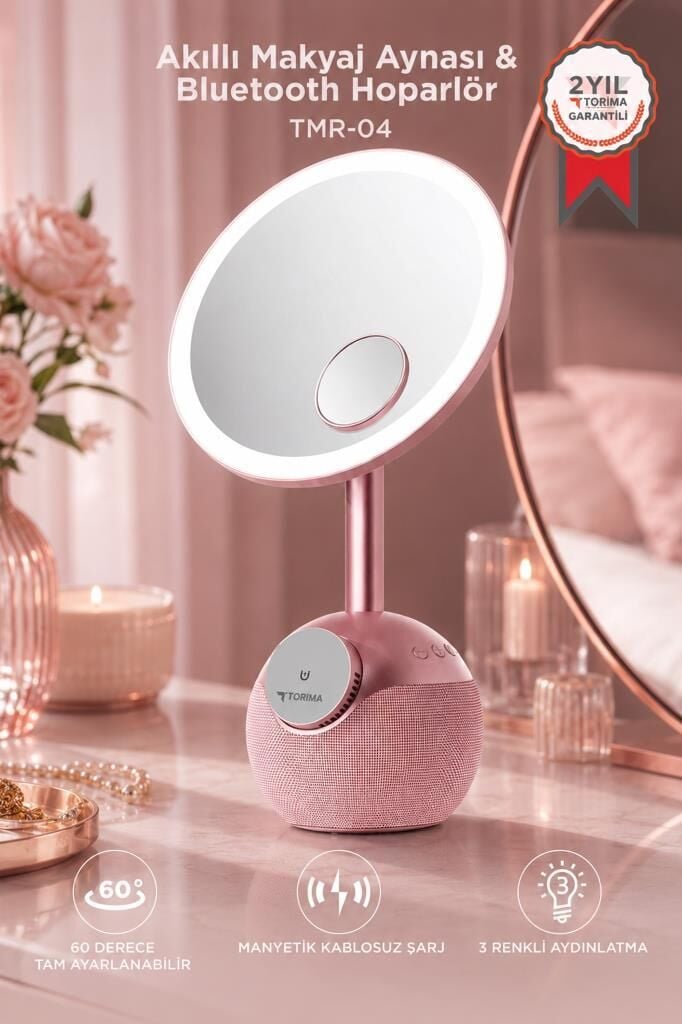 Bluetooth Hoparlör Led Işıklı Makyaj Aynalı Kablosuz Şarj Cihazı TRM04 Rose Gold