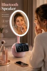 Bluetooth Hoparlör Led Işıklı Makyaj Aynalı Kablosuz Şarj Cihazı TRM04 Rose Gold