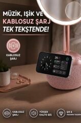 Bluetooth Hoparlör Led Işıklı Makyaj Aynalı Kablosuz Şarj Cihazı TRM04 Rose Gold
