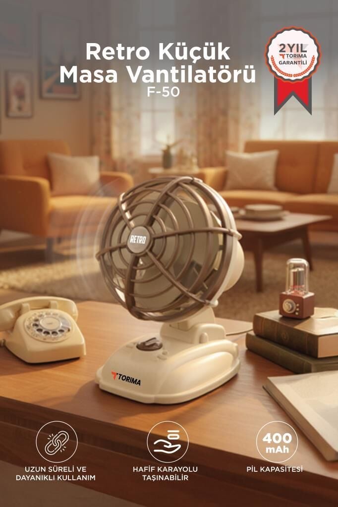 Şarjlı Masaüstü Vantilatör Vintage Retro Tasarım 400 Mah Taşınabilir Masa Fanı F50 Beyaz