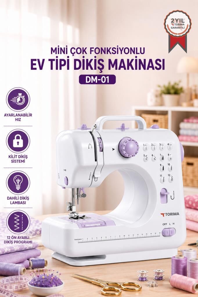 Mini Dikiş Makinesi 12 Desenli Pedallı Ev Tipi DM01 Beyaz