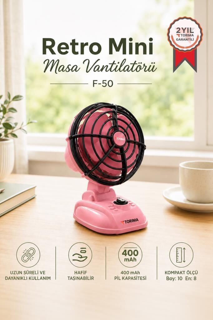 Şarjlı Masaüstü Vantilatör Vintage Retro Tasarım 400 Mah Taşınabilir Masa Fanı F50 Pembe