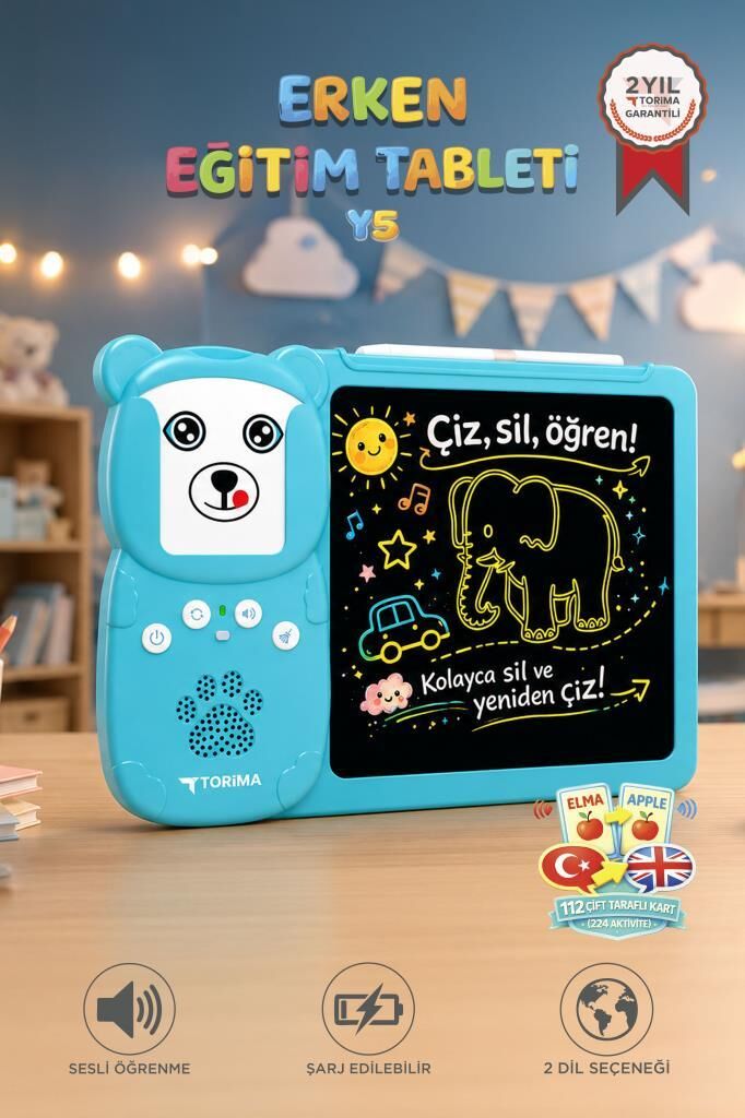 İngilizce Sesli Erken Eğitim Çocuk Tableti 8 İnç LCD Çizim Tahtası 112 Çift Taraflı Kartlı Y5 Mavi