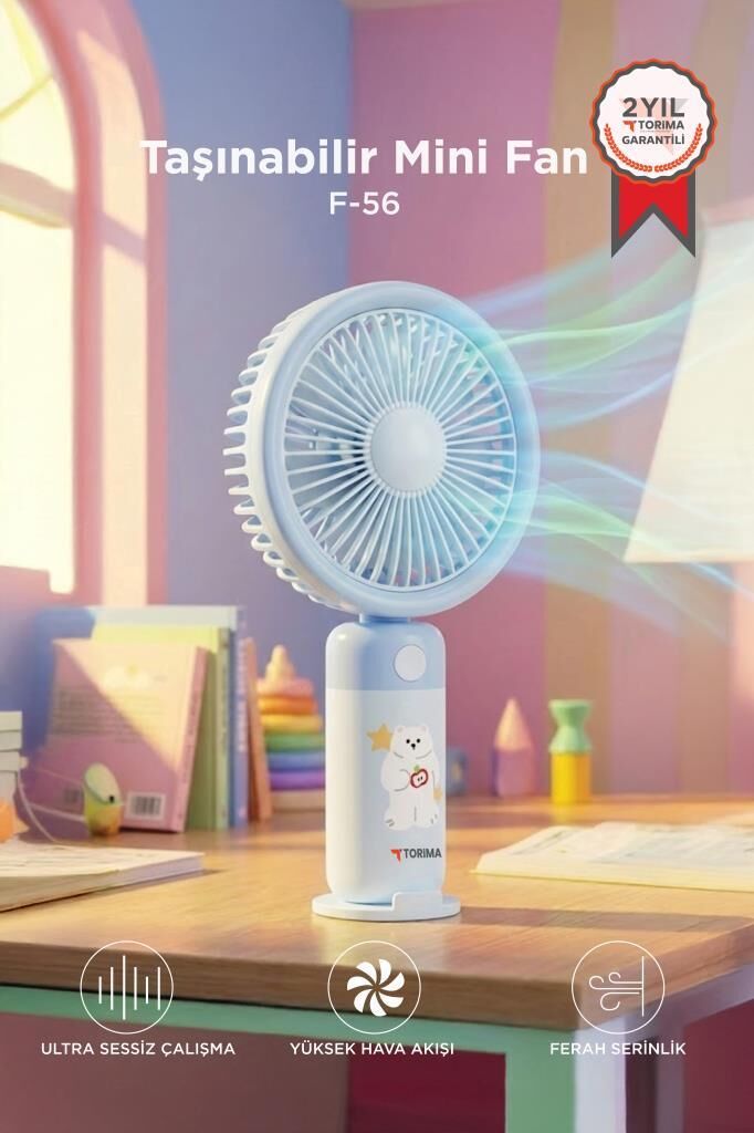 Şarjlı El Vantilatörü Masaüstü Stantlı 3 Kademeli Taşınabilir Mini Fan F56 Mavi