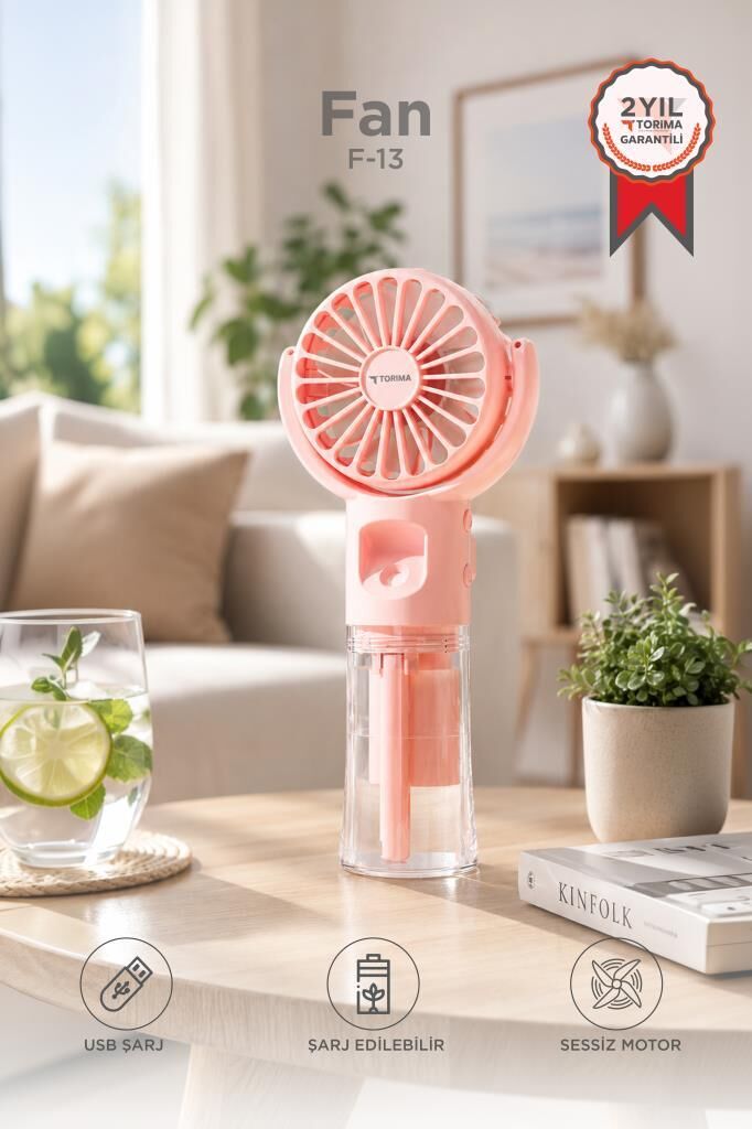 Vantilatör Şarjlı Su Buharlı Mini Masa Fan F13 Pembe