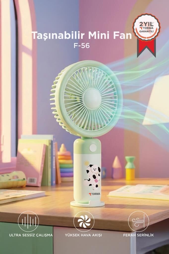 Şarjlı El Vantilatörü Masaüstü Stantlı 3 Kademeli Taşınabilir Mini Fan F56 Yeşil