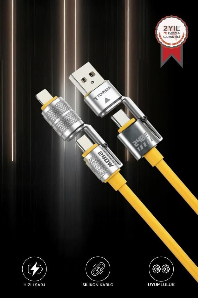 Torima U23 Sarı 4in1 Silikon 240W USB-A/Type-C Giriş,Type-C/Lightning Çıkış Hızlı Şarj Data Kablosu