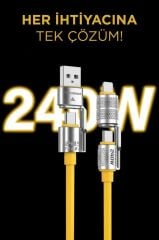 Torima U23 Sarı 4in1 Silikon 240W USB-A/Type-C Giriş,Type-C/Lightning Çıkış Hızlı Şarj Data Kablosu