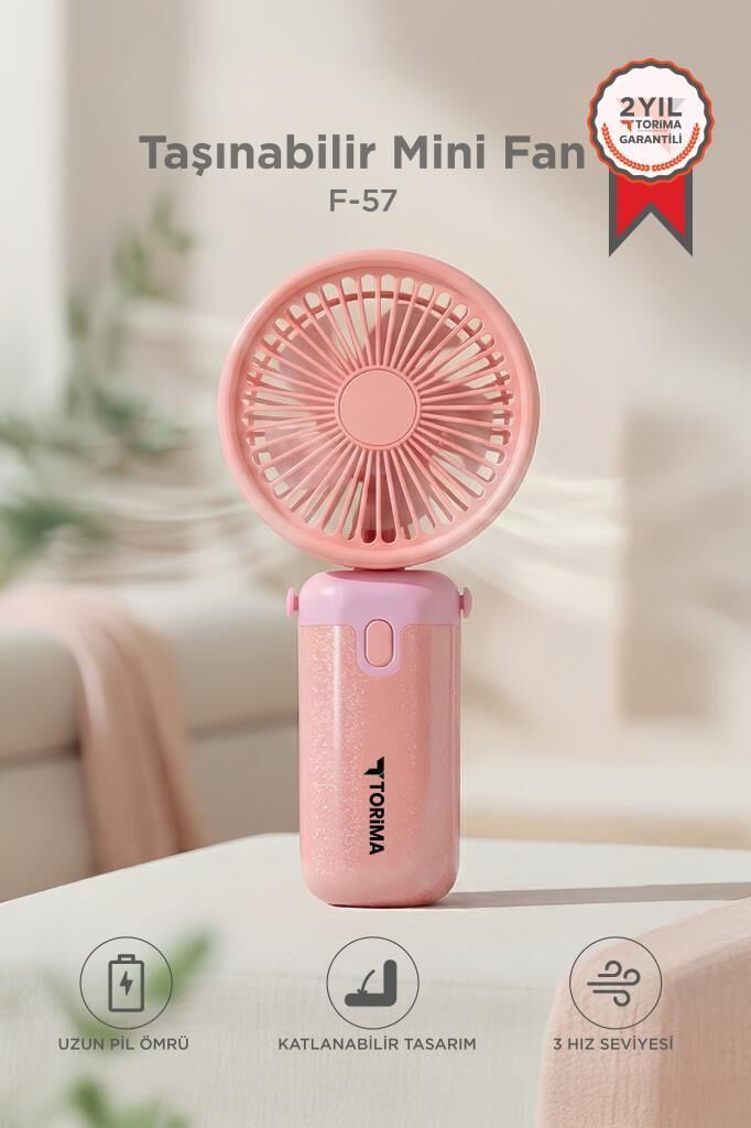 Şarjlı El Vantilatörü Masaüstü Stantlı 3 Kademeli Taşınabilir Mini Fan F57 Pembe