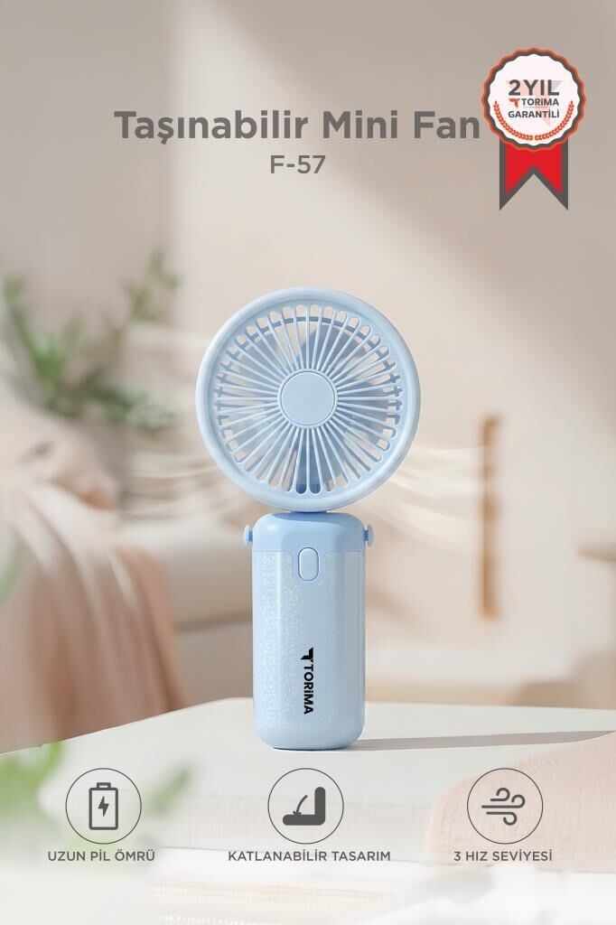 Şarjlı El Vantilatörü Masaüstü Stantlı 3 Kademeli Taşınabilir Mini Fan F57 Mavi