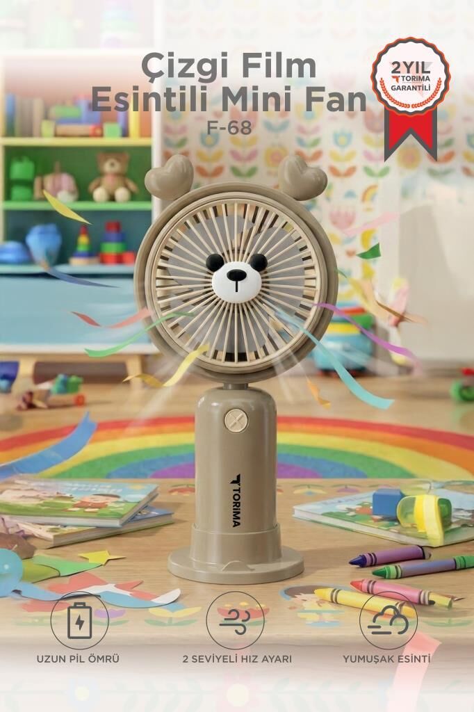 Şarjlı El Vantilatörü Masaüstü Stantlı 2 Kademeli Ayıcıklı Masa Fanı F68 Kahverengi