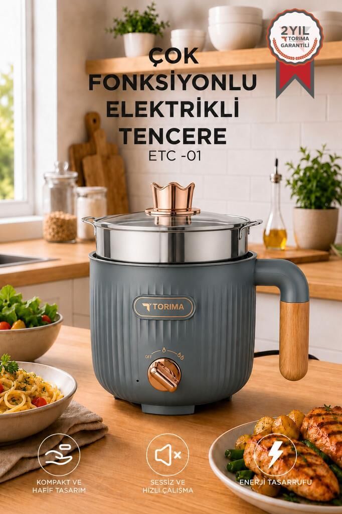 Çok Fonksiyonlu Elektrikli Çelik Tencere Buharlı Yağda Pilav Yemek Pişirme Makinesi ETC01 Antrasit