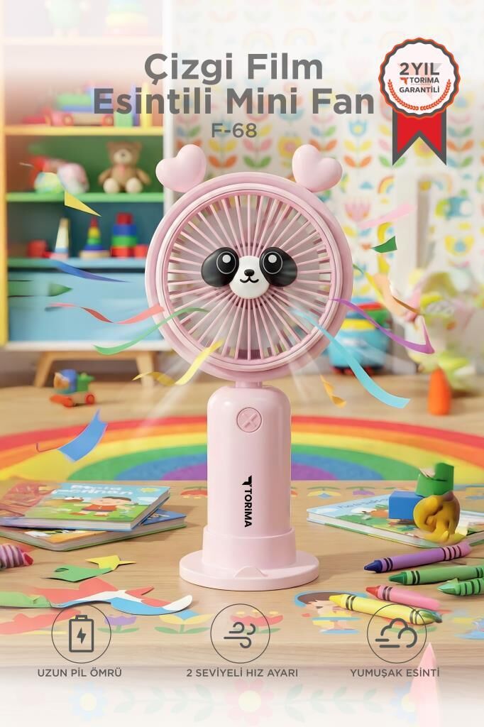 Şarjlı El Vantilatörü Masaüstü Stantlı 2 Kademeli Ayıcıklı Masa Fanı F68 Pembe