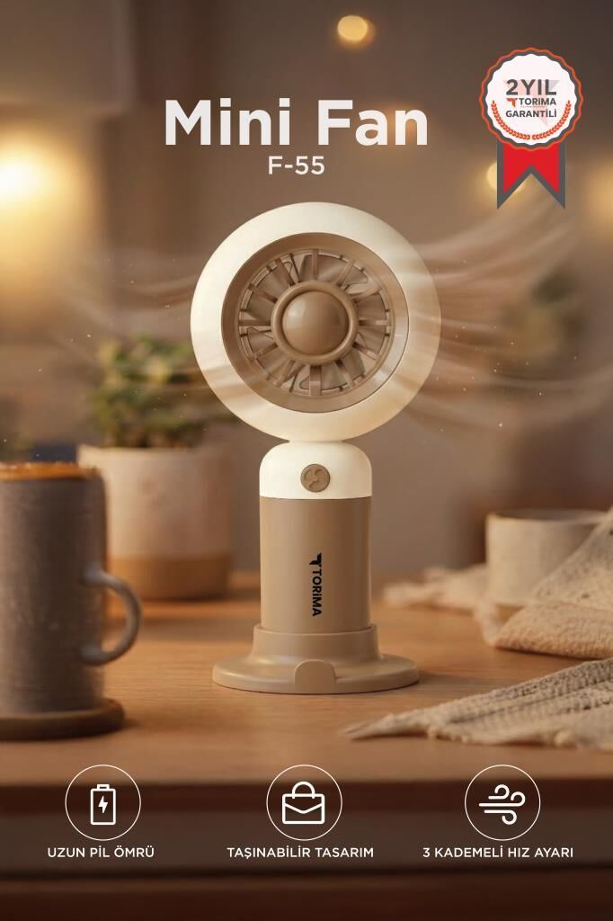 Şarjlı El Vantilatörü Telefon Standlı 3 Kademeli Masaüstü Taşınabilir Fan F55 Kahverengi