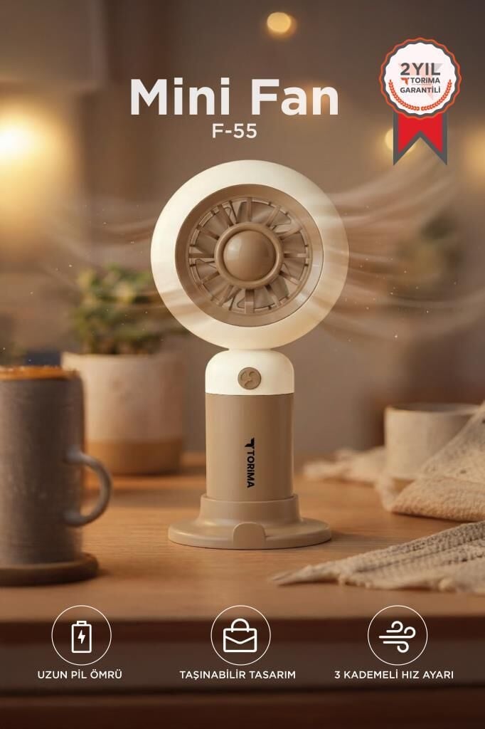 Şarjlı El Vantilatörü Telefon Standlı 3 Kademeli Masaüstü Taşınabilir Fan F55 Kahverengi