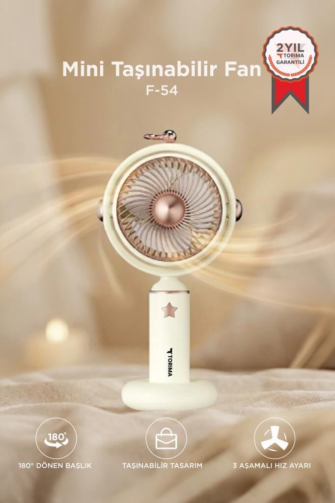 Şarjlı El Vantilatörü 180 Derece Döner Başlıklı 3 Kademeli Masa Fanı F54 Beyaz