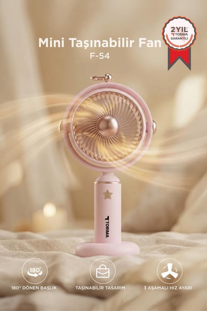 Şarjlı El Vantilatörü 180 Derece Döner Başlıklı 3 Kademeli Masa Fanı F54 Pembe