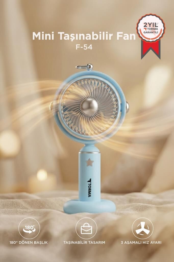 Şarjlı El Vantilatörü 180 Derece Döner Başlıklı 3 Kademeli Masa Fanı F54 Mavi