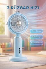 Şarjlı El Vantilatörü 180 Derece Döner Başlıklı 3 Kademeli Masa Fanı F54 Mavi