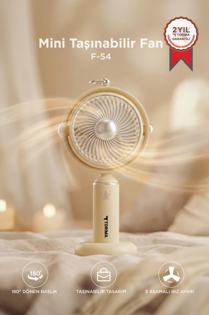 Şarjlı El Vantilatörü 180 Derece Döner Başlıklı 3 Kademeli Masa Fanı F54 Bej