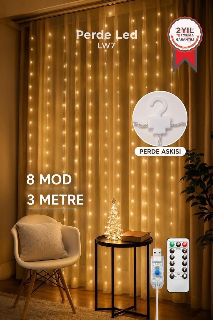Perde LED Işık 300 LED 10 Sarkıt 8 Modlu Uzaktan Kumandalı 3x3 Metre Peri Telli Torima LW7