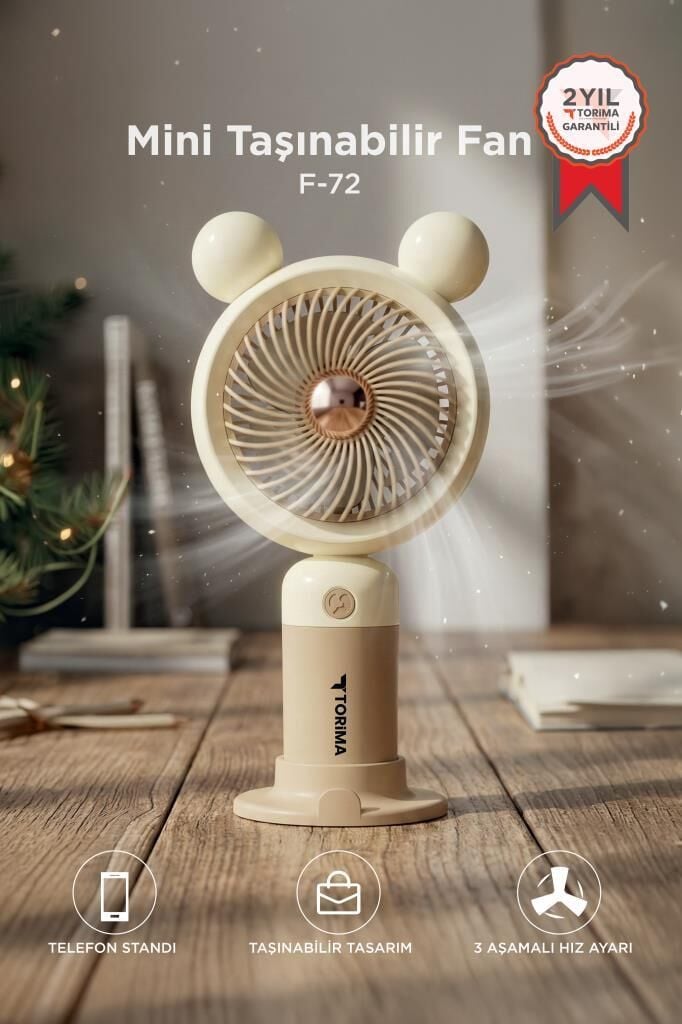 Şarjlı El Vantilatörü Telefon Standlı 3 Kademeli Ayıcıklı Taşınabilir Masa Fanı F72 Bej