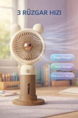 Şarjlı El Vantilatörü Telefon Standlı 3 Kademeli Ayıcıklı Taşınabilir Masa Fanı F72 Bej