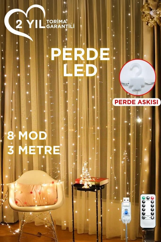 Perde LED Işık 300 LED 10 Sarkıt 8 Modlu Uzaktan Kumandalı 3x3 Metre Peri Telli Torima LW7