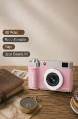 Mini Dijital Retro Kamera 48MP Selfie Video Vlog Kamerası CMR50 Pembe