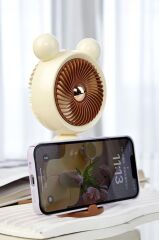 Şarjlı El Vantilatörü Telefon Standlı 3 Kademeli Ayıcıklı Taşınabilir Masa Fanı F72 Pembe