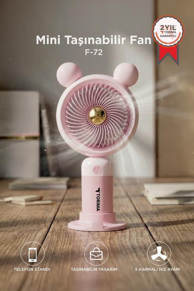 Şarjlı El Vantilatörü Telefon Standlı 3 Kademeli Ayıcıklı Taşınabilir Masa Fanı F72 Pembe