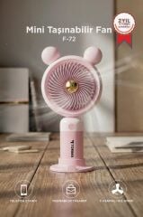 Şarjlı El Vantilatörü Telefon Standlı 3 Kademeli Ayıcıklı Taşınabilir Masa Fanı F72 Pembe
