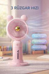 Şarjlı El Vantilatörü Telefon Standlı 3 Kademeli Ayıcıklı Taşınabilir Masa Fanı F72 Pembe