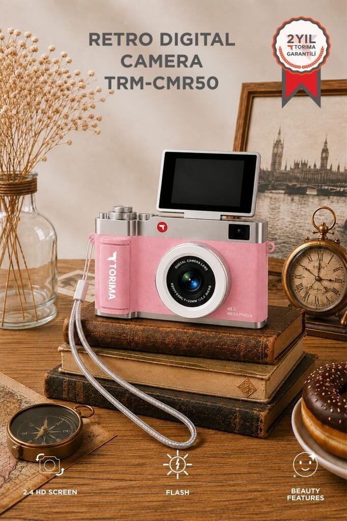 Torima Mini Dijital Retro Kamera Flip Ekranlı 48MP Selfie Video Vlog Kamerası CMR50 Pembe