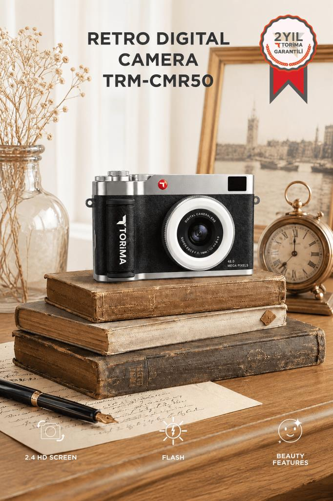 Mini Dijital Retro Kamera 48MP Selfie Video Vlog Kamerası CMR50 Siyah