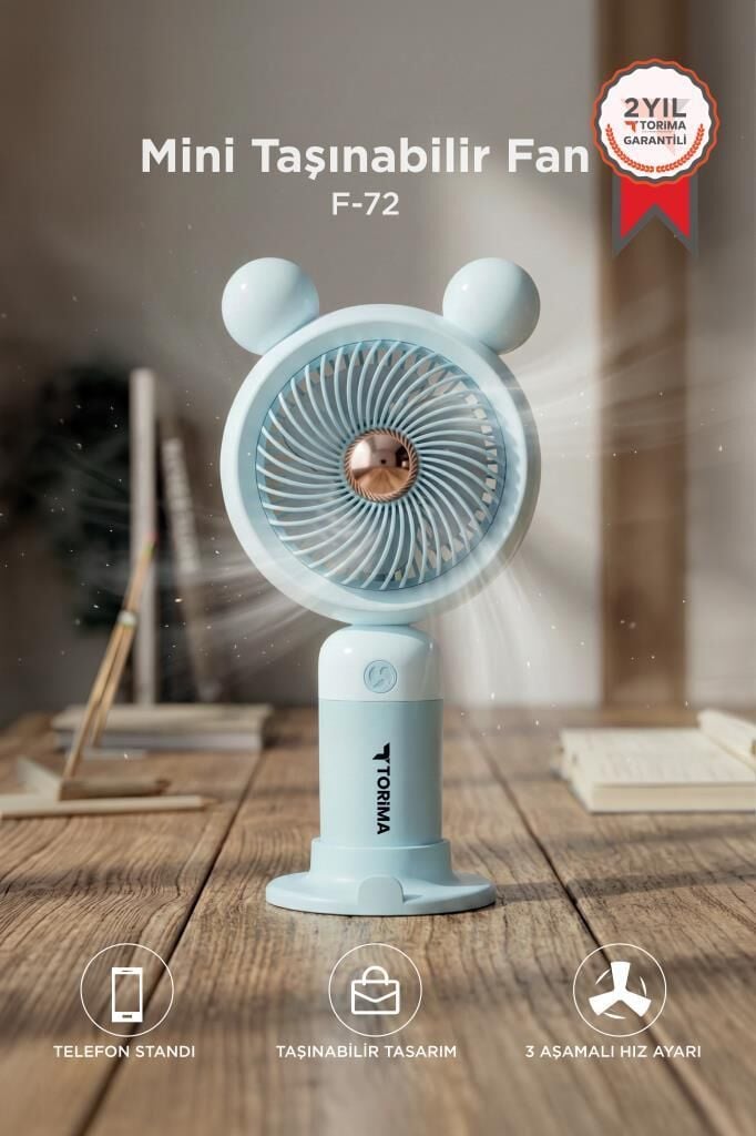 Şarjlı El Vantilatörü Telefon Standlı 3 Kademeli Ayıcıklı Taşınabilir Masa Fanı F72 Mavi