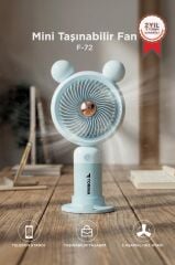 Şarjlı El Vantilatörü Telefon Standlı 3 Kademeli Ayıcıklı Taşınabilir Masa Fanı F72 Mavi